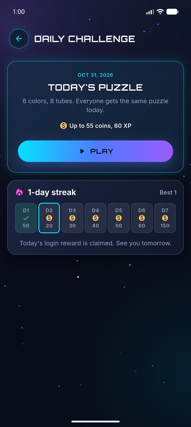 The daily challenge screen with a 7-day reward streak