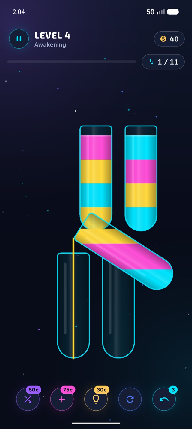 A glass tube tilting to pour colored liquid into another tube