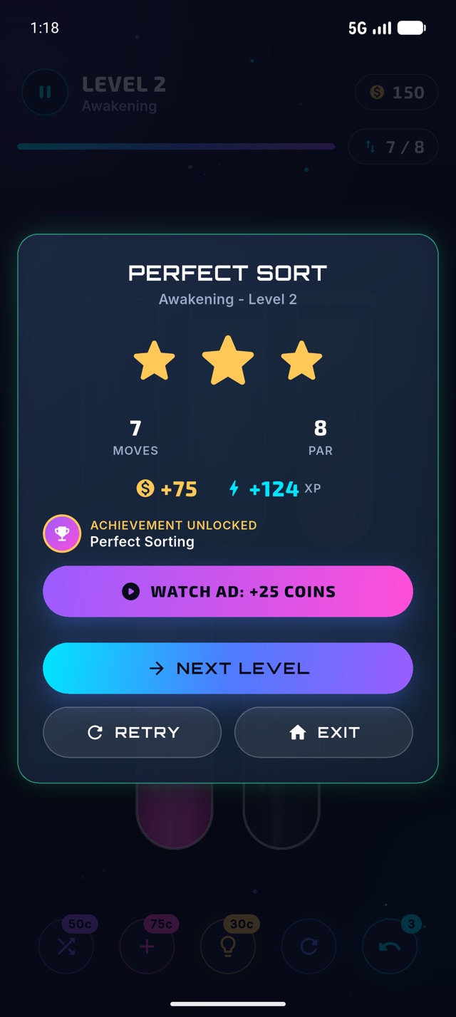 A level complete screen showing three stars, moves and rewards